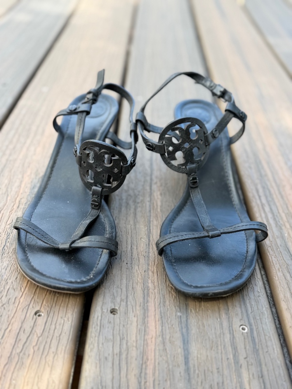 Tory Burch Miller Black Leather Logo Sandals Size 9